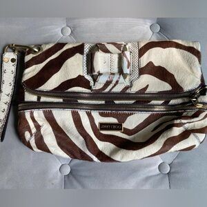 Jimmy Choo Zebra Print Pony Hair Clutch in Brown and Cream with Wristlet Strap